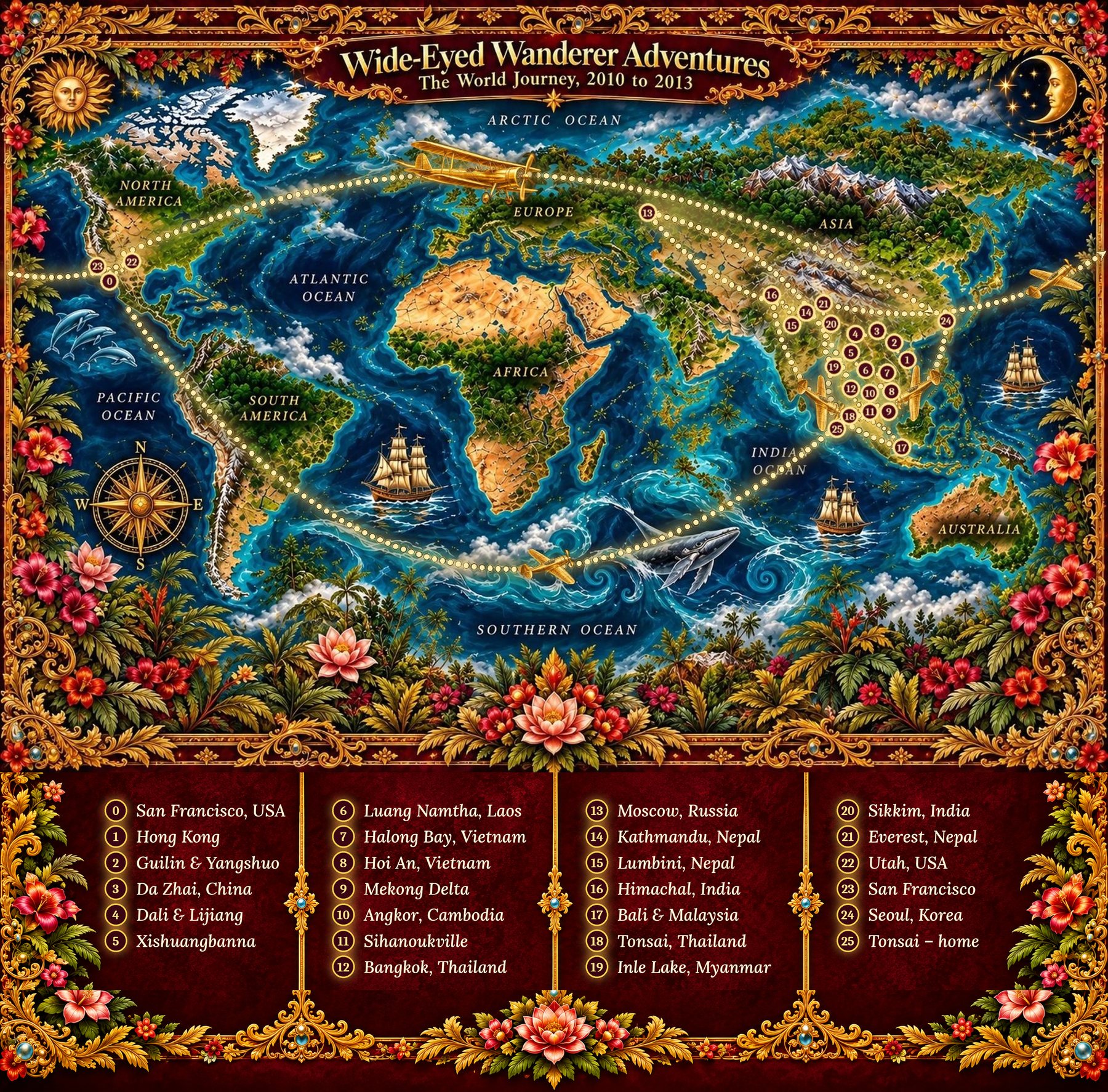 Painted world map of the Wide-Eyed Wanderer journey, 2010 to 2013, with 26 numbered stops from San Francisco through Asia and back, and a legend naming each stop.